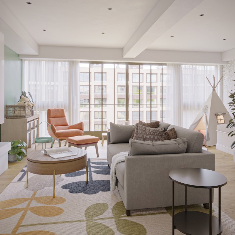 Contemporary family living room in a soft neutral palette featuring cozy sofas, layered textures, and a functional layout designed for both adults and children.