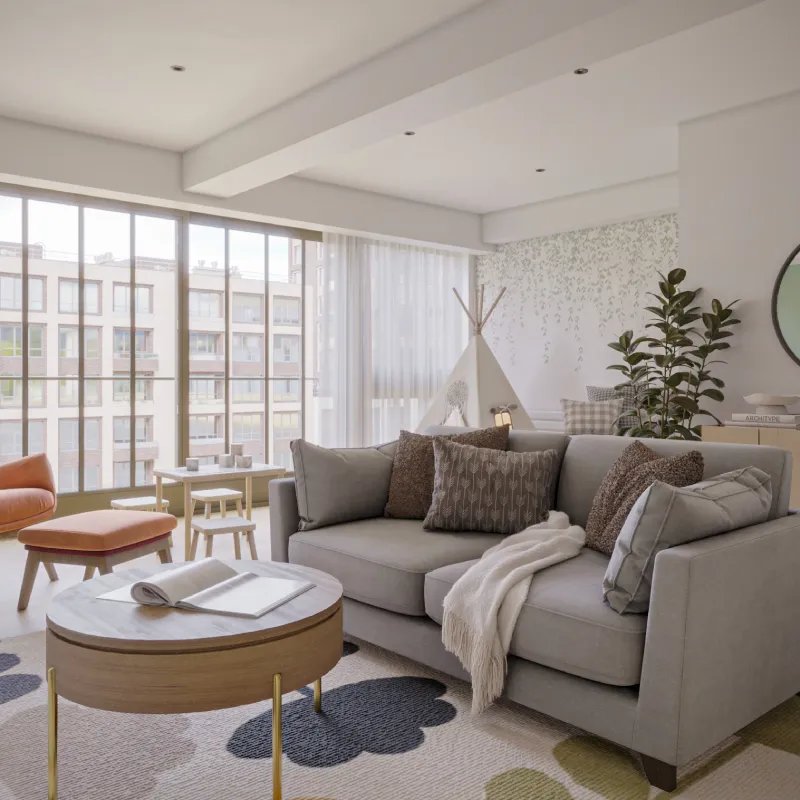 Contemporary family living room in a soft neutral palette featuring cozy sofas, layered textures, and a functional layout designed for both adults and children.