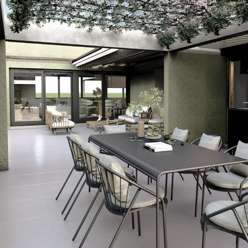 Contemporary outdoor landscape design featuring climbing plants, layered greenery, and defined relaxation areas that create a natural flow between indoor and outdoor living spaces.