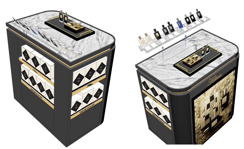 Luxury airport retail design with fragrance displays, custom counters, and customer flow planning.