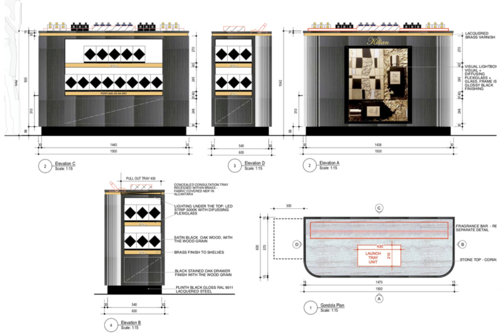 floorplan and elevations of a gondola for a luxury brand at an aiport