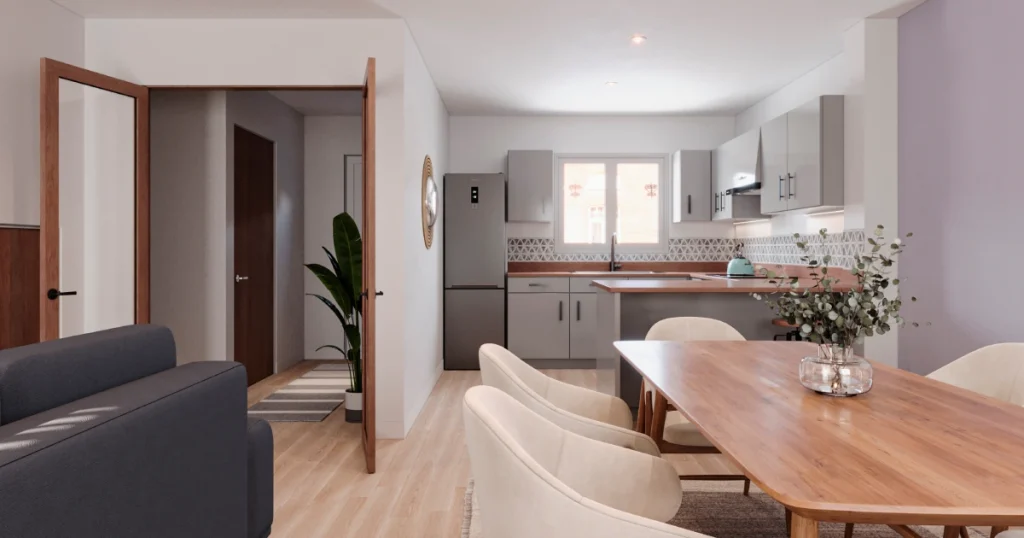 Open-plan lounge space for a new home designed with a coastal-inspired palette, neutral colours, and layered natural textures.