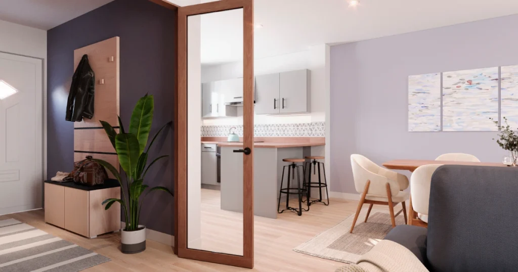 Open-plan lounge space for a new home designed with a coastal-inspired palette, neutral colours, and layered natural textures.