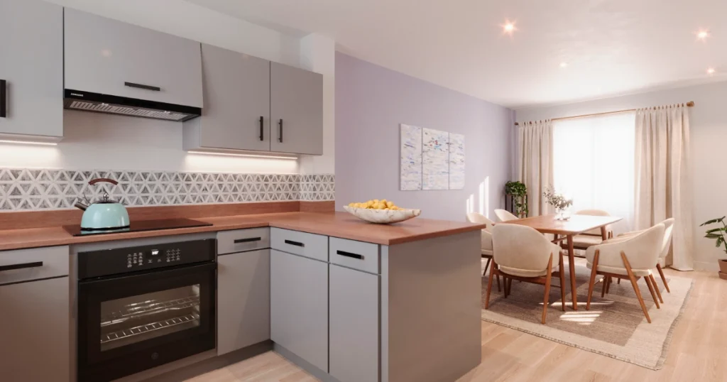 Open-plan lounge space for a new home designed with a coastal-inspired palette, neutral colours, and layered natural textures.