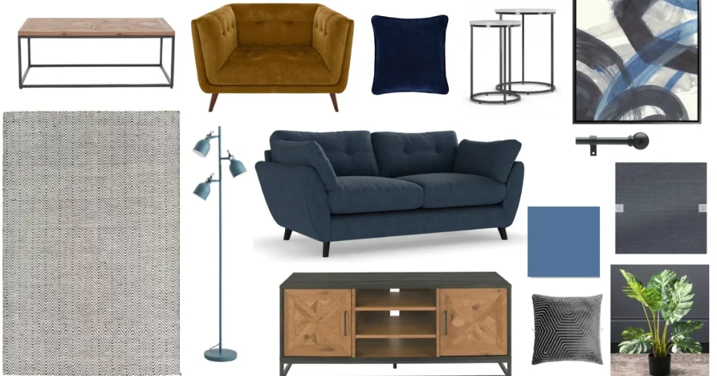 Mood board for open-plan lounge space for a new home designed with a coastal-inspired palette, neutral colours, and layered natural textures.