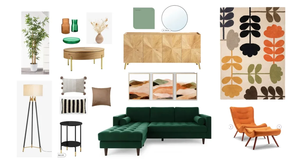 Interior design moodboard for a residential lounge room showcasing a neutral colour palette