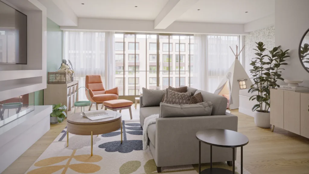 contemporary interior design for a family lounge with a lovely neutral palette for both adults and children