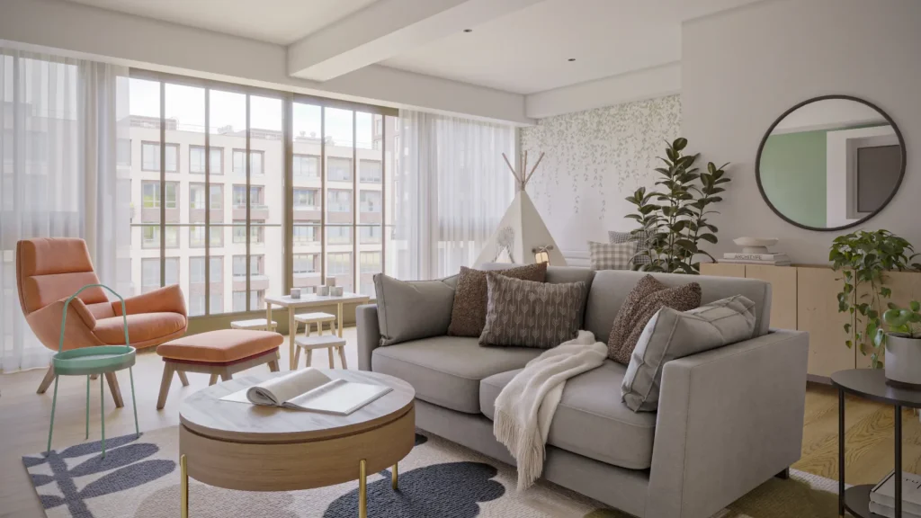 contemporary interior design for a family lounge with a lovely neutral palette for both adults and children