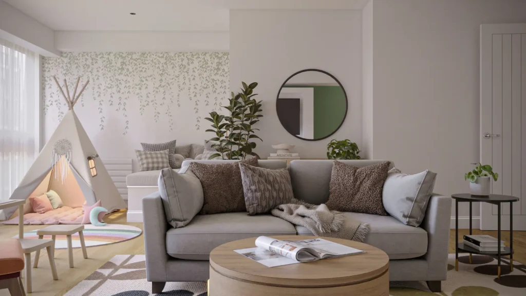contemporary interior design for a family lounge with a lovely neutral palette for both adults and children