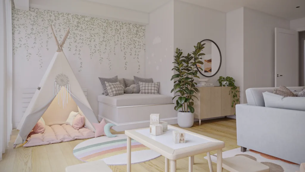 contemporary interior design for a family lounge with a lovely neutral palette for both adults and children