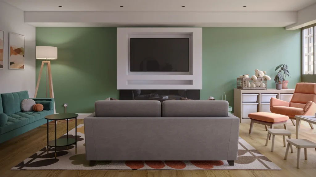 contemporary interior design for a family lounge with a lovely neutral palette for both adults and children