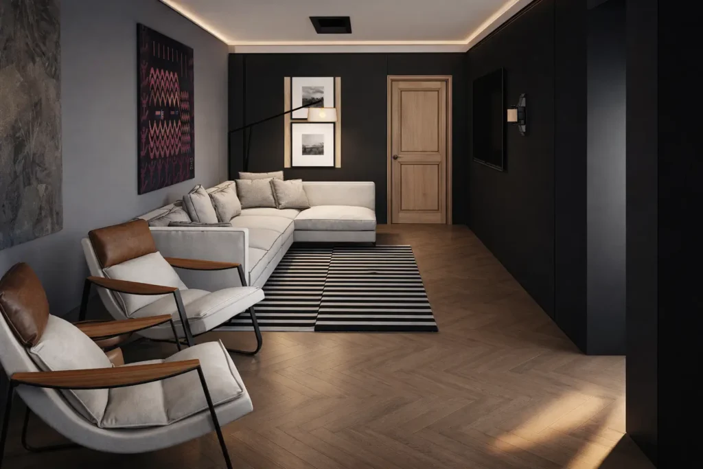 Photorealistic 3D render of a modern living room with L-shaped sofa, mid-century armchairs, black accent wall, wall-mounted TV, and herringbone wood flooring.