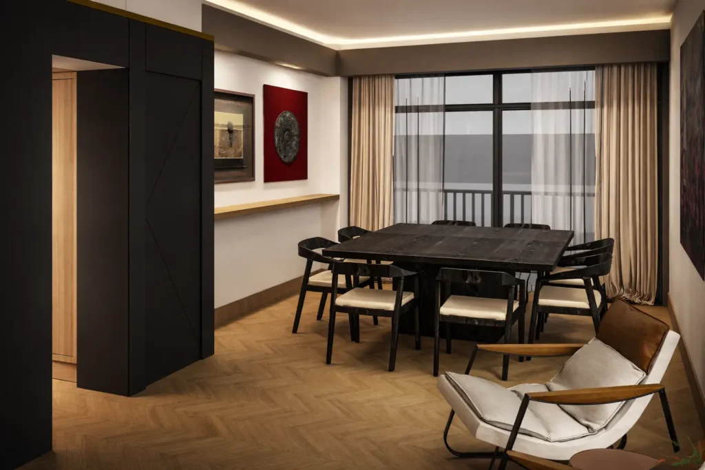 Photorealistic 3D render of a contemporary dining room with dark wood table, six chairs, floor-to-ceiling curtains, and warm ambient lighting.