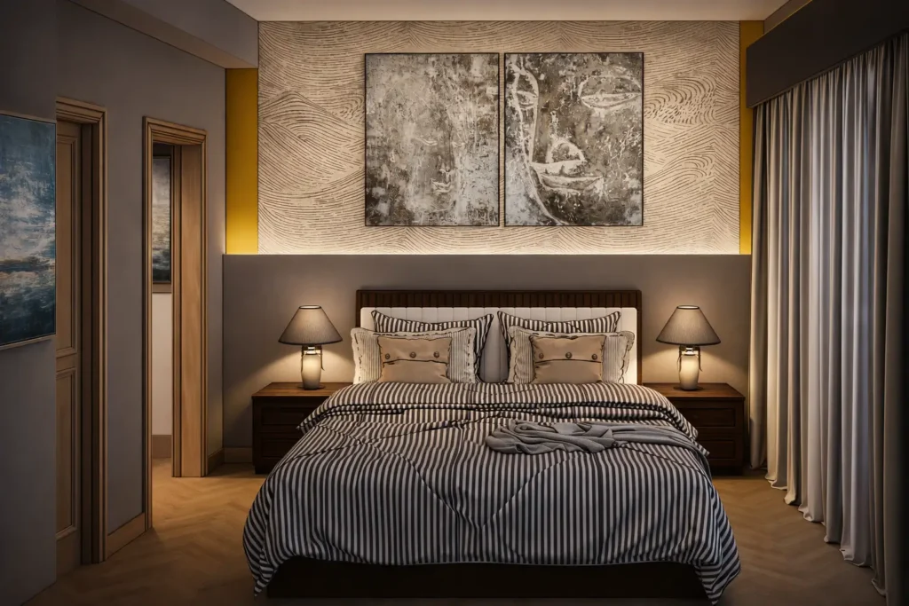 3D render of a modern bedroom with upholstered headboard, striped bedding, bedside lamps, textured feature wall, and abstract wall art.