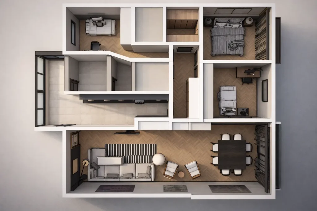 3D top-down floor plan render of a modern apartment layout featuring living room, dining area, bedrooms, hallway, and herringbone wood flooring.