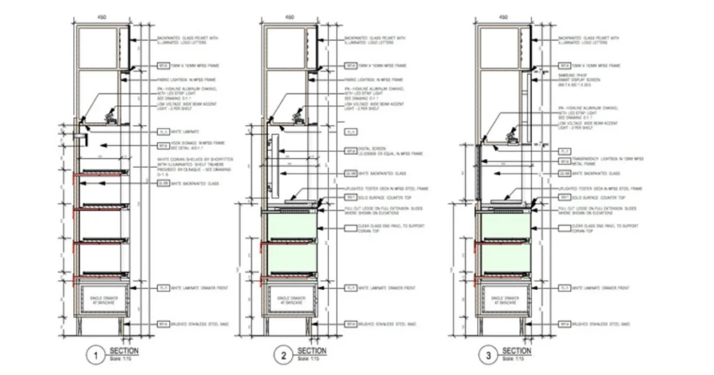 Airport cosmetics retail design with display counters, lighting, and customer circulation layout.