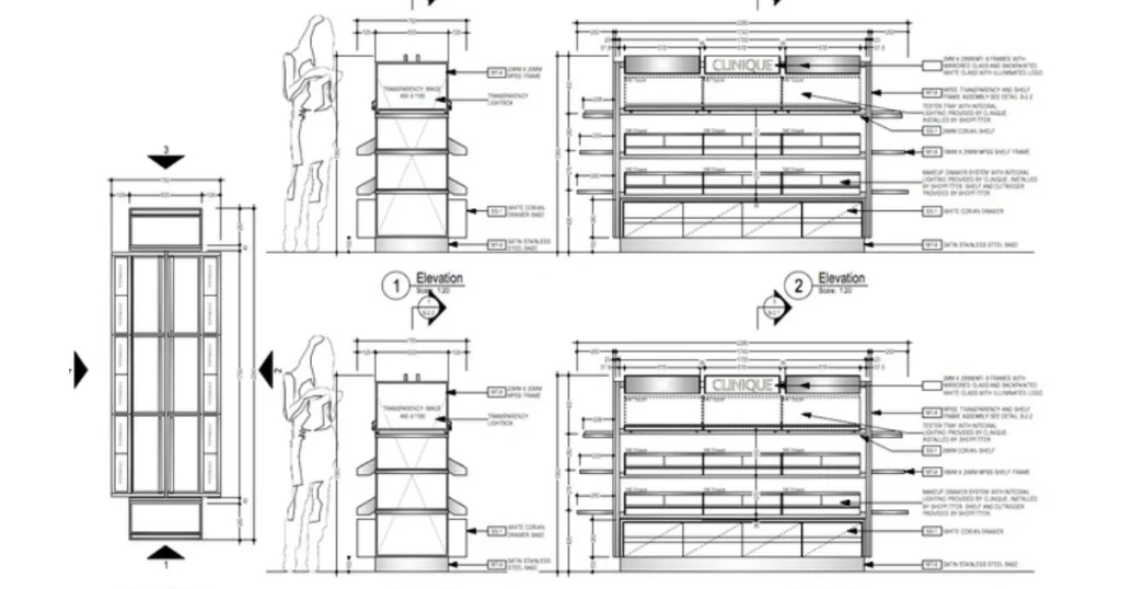 Airport cosmetics retail design with display counters, lighting, and customer circulation layout.