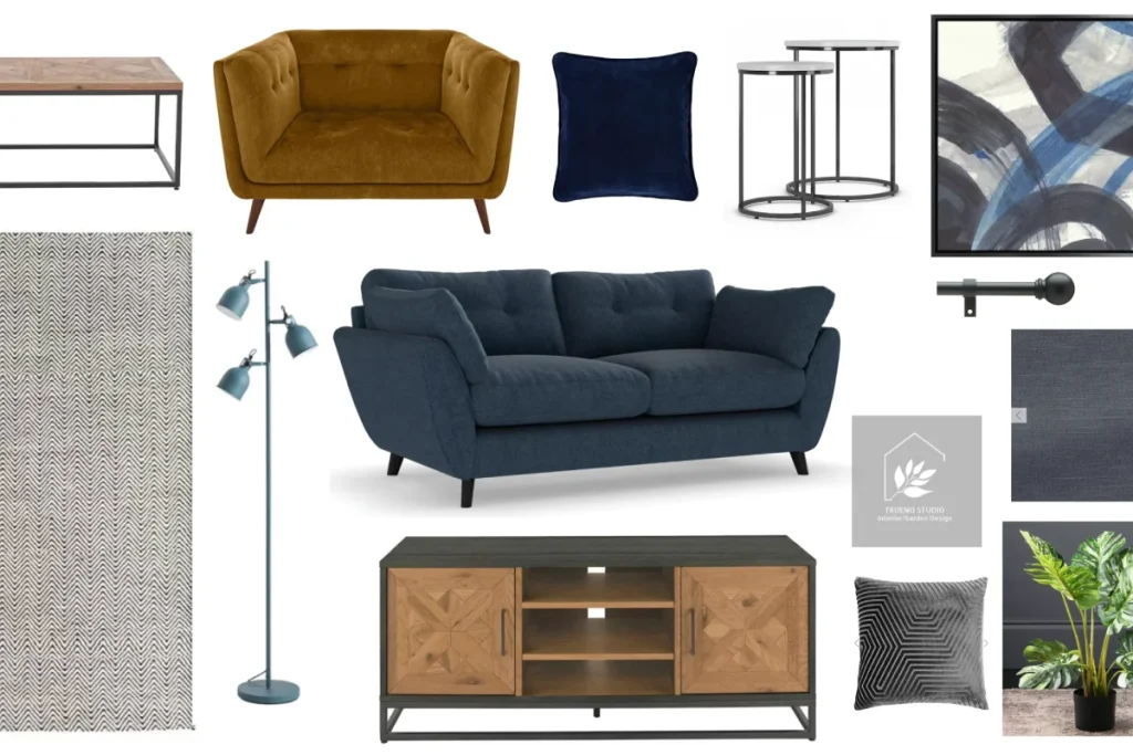 Interior design mood board for a residential living room showcasing a sophisticated colour palette of blue, gold, and dark grey with coordinated materials and finishes.